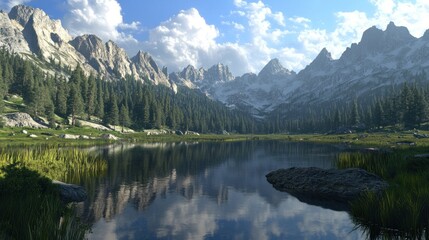 Poster - Serene mountain lake reflecting a stunning peak range under a partly cloudy sky.