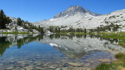 Sticker - Mountain lake reflecting peak under clear blue sky.