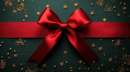 Red ribbon bow on green background with gold star decor for gift wrap