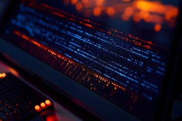 Night coder coding screen, keyboard, city lights