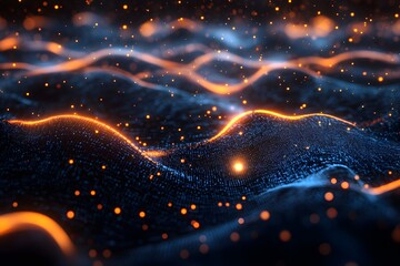Wall Mural - glowing particle waves flow, dark background, digital art, tech concept