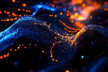 Wall Mural - abstract digital wave, glowing particles, dark background, tech design