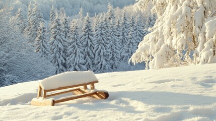 Sticker - Wooden sled covered in snow sits in a snowy winter landscape with snow covered pine trees.