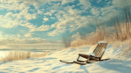 Wall Mural - Snowy winter landscape with a wooden rocking chair on a snow-covered bank near a frozen lake under a vibrant sky.