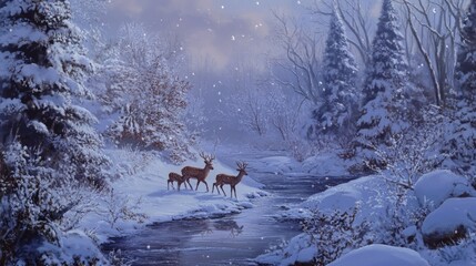 Wall Mural - Winter deer family by snowy stream in tranquil forest.