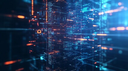 Futuristic digital data stream visualization Blue orange binary code Algorithmic processes.