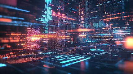 Abstract digital matrix glowing code, vibrant colors, futuristic technology.
