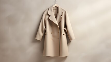 flat lay of a neutral toned wool coat elegantly arranged on a plain white surface showcasing the fab