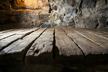 Wall Mural - Rustic wooden planks floor, stone wall background, cellar setting, product display