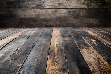 Rustic wooden floor and wall background; product display