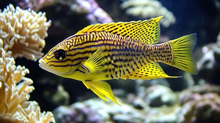 Poster - Yellow fish with dark stripes swimming near coral reef.