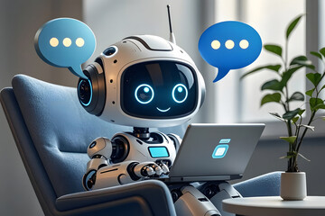 artificial intelligence robot using laptop neon light futuristic technology 3d illustration banner, 