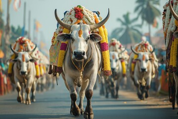 Decorated Cows in Pongal Celebration Parade, Event Background, Photography