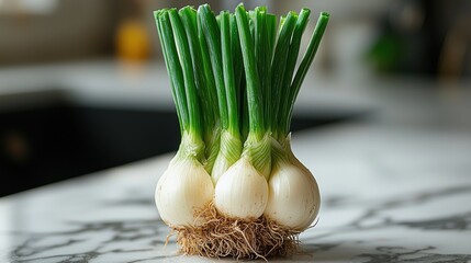 Freshly Harvested Scallions on Marble Countertop