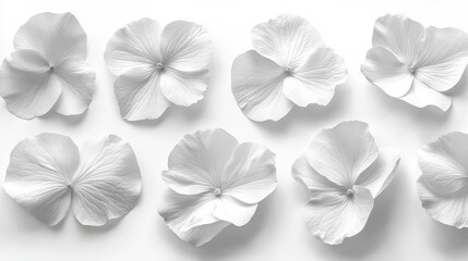 Wall Mural - Eight white flowers arranged on white background.