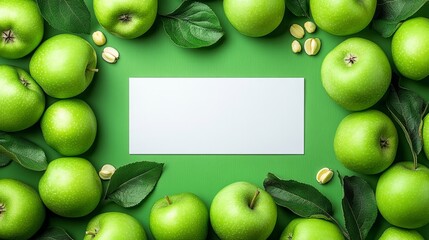 Wall Mural - White sign is placed in the middle of a green background with apples and nuts. The apples are arranged in a circle around the sign, and the nuts are scattered around the apples