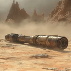 derelict spaceship rests on a desolate alien planet