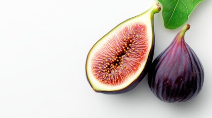 Wall Mural - Ripe purple fig is cut in half and placed on a white background. Concept of freshness and natural beauty, as the fruit is displayed in its natural state