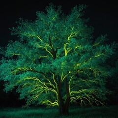 A fluorescent green tree with surreal brightness.