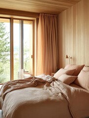 Wall Mural - Serene Lakeside Bedroom With Wooden Walls and Linen Bedding