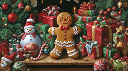 Wall Mural - Christmas gingerbread man on wooden plank background with gift box, snowman, xmas tree, sock, bauble, snowflake, candy cane, star, mitten and bow ginger cookie. Vector in gallery