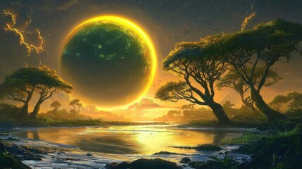 Wall Mural - Imaginative science fiction scenery depicting an extraterrestrial environment.
