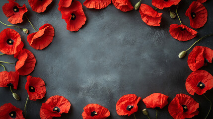 Anzac Day Australian and New Zealand Army Force memorial banner with red poppy flower frame. World War soldier and veteran remembrance anniversary Lest We Forget card of poppy flower and black ribbon