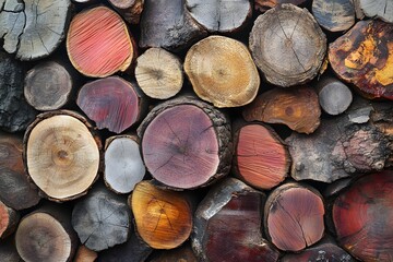 Wall Mural - Colorful wood slices stacked, wall texture, outdoor background, fireplace fuel