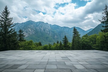 Wall Mural - mountain view, paved plaza, forest, clouds, summer, scenic, background, advertisement