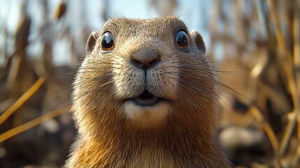 Wall Mural - Close-up portrait of a curious prairie dog with surprised expression, looking directly at camera in its natural habitat.