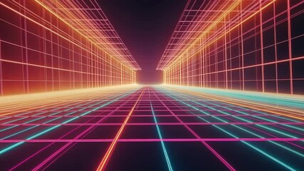 Wall Mural - Retro Futuristic Grid Tunnel: A Neon Dreamscape