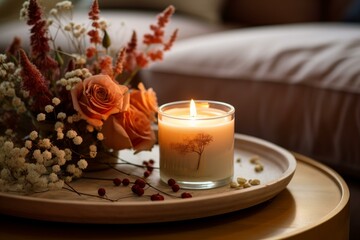 Wall Mural - Lit candle illuminating wooden tray with roses, dried flowers, and berries, creating a warm and inviting ambiance