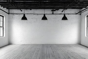 Wall Mural - Empty loft, white brick wall, wood floor, industrial lighting, background pipes, event space