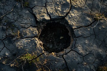 Wall Mural - Dry cracked mud with deep opening revealing dark soil below, highlighting the effects of drought and climate change