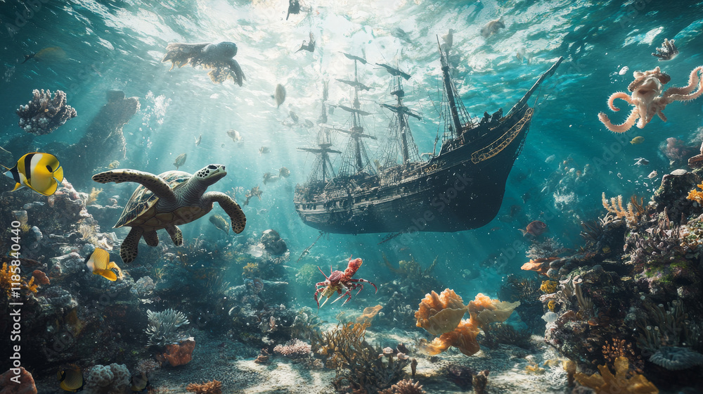 Cartoon underwater landscape game background with sunken ship and ...