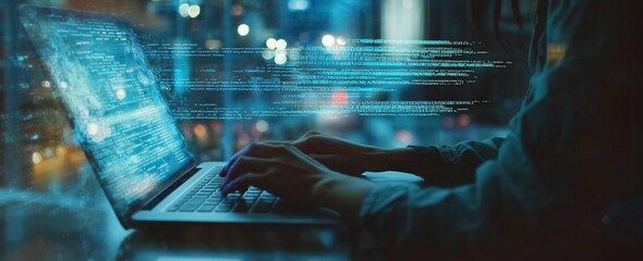 Person coding on laptop at night, lines of code visible.