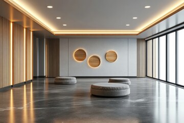 Wall Mural - Modern lobby; minimalist seating, wood accents, city view, corporate design