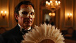 © Alex_Kalin - Hispanic man in lace mask holding feathered fan in opulent ballroom, masquerade elegance