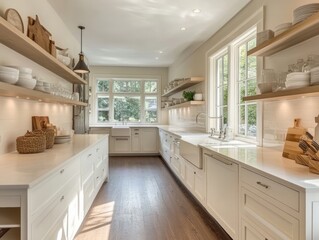 Bright Modern Farmhouse Kitchen With White Cabinets And Wood Shelves