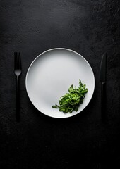 A plate with a fork and knife on it and a green leaf on it