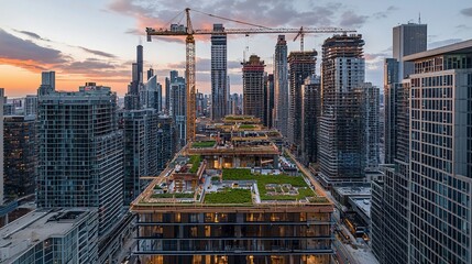 Canvas Print - Aerial view of modern city skyline with green rooftop during sunset.