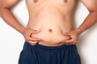 © rukuta.project - Overweight or obese man on white background. Fat mens body measurements. he is dieting and losing weight. Men at risk for diabetes Belly fat. Healthcare, medicine concept