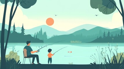 Wall Mural - tranquil fishing scene with father and child enjoying nature together by the serene lake at sunset w