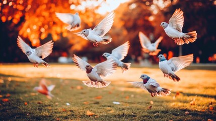 Wall Mural - Doves in flight over autumnal park.