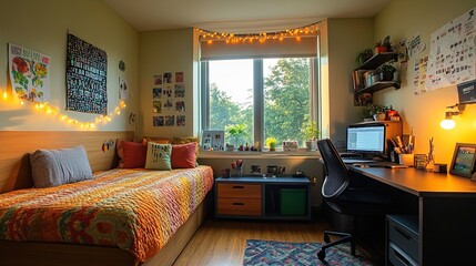 Bright Dorm Room with Typical Furniture and Decor, Capturing the Vibrant Atmosphere of Student Living