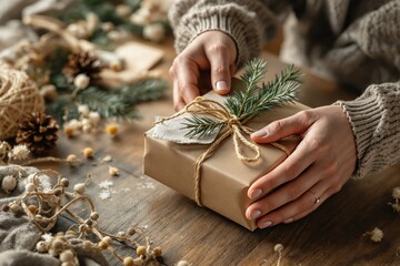 Woman wrapping a gift box in brown paper with twine and fir branch on a rustic wooden background, surrounded by natural decor elements. Holiday concept. Ai generative