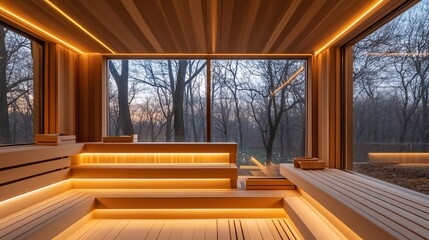 Wall Mural - Modern wooden sauna with large windows overlooking tranquil forest.