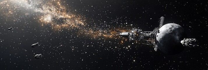 Wall Mural - spaceship exploring asteroid field in space.