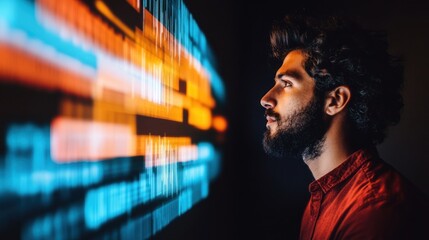 Man intently studying illuminated code on a screen in a dark room.