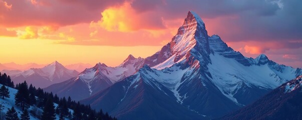 Canvas Print - A majestic mountain peak covered in snow and illuminated by the golden light of sunset, peak, mountain, sunset